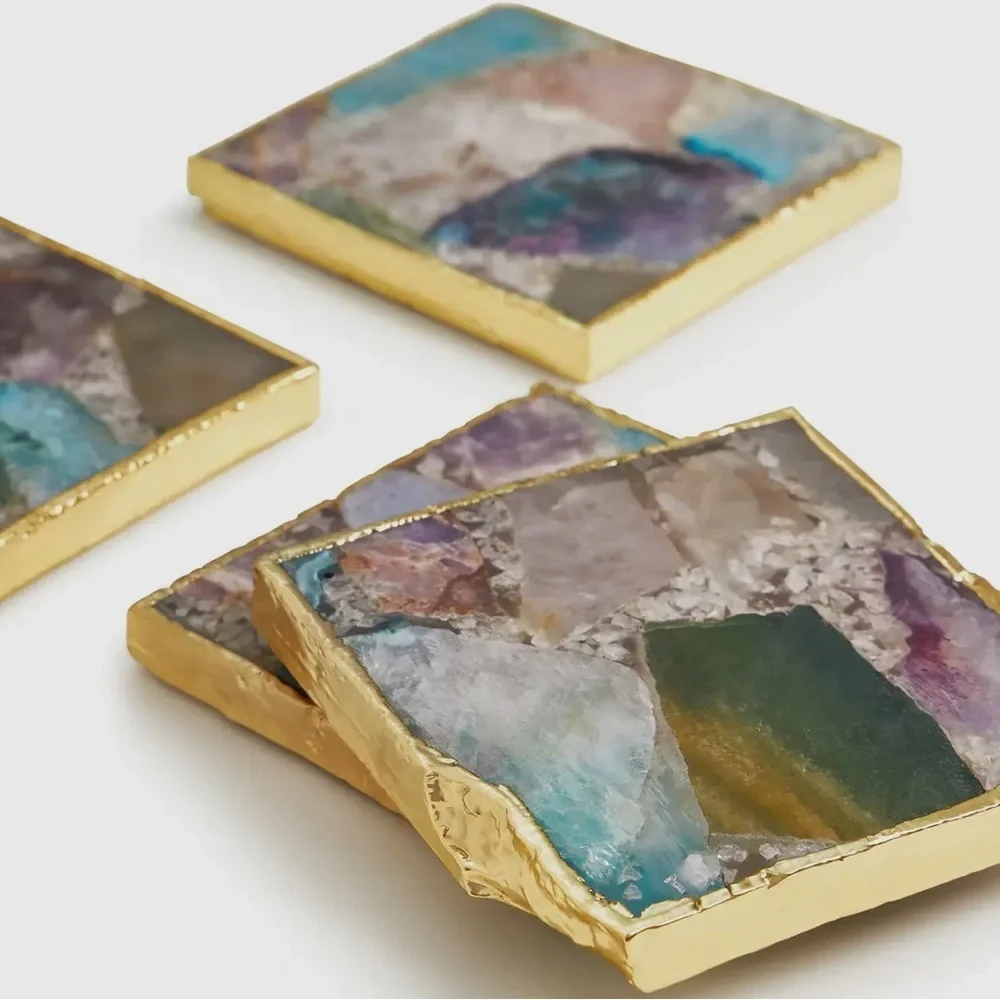 Set of 4 Dyed Agate Gold Edge Coasters